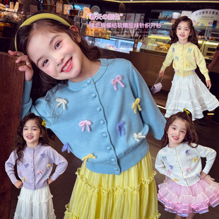 女童春装开衫2026新款儿童韩版蝴蝶结毛衣针织衫女孩薄款长袖外套