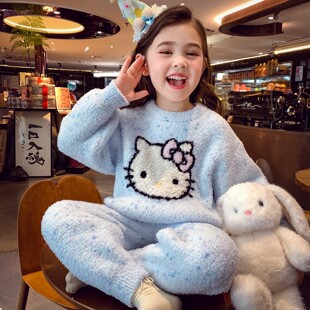 女童家居服套装冬装2025新款小女孩韩版保暖半边绒睡衣睡裤两件套