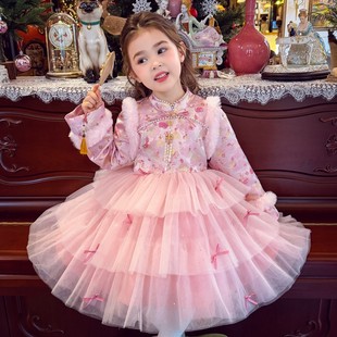女童加绒旗袍裙冬2026新款儿童新中式织锦网纱蓬蓬公主裙连衣裙子