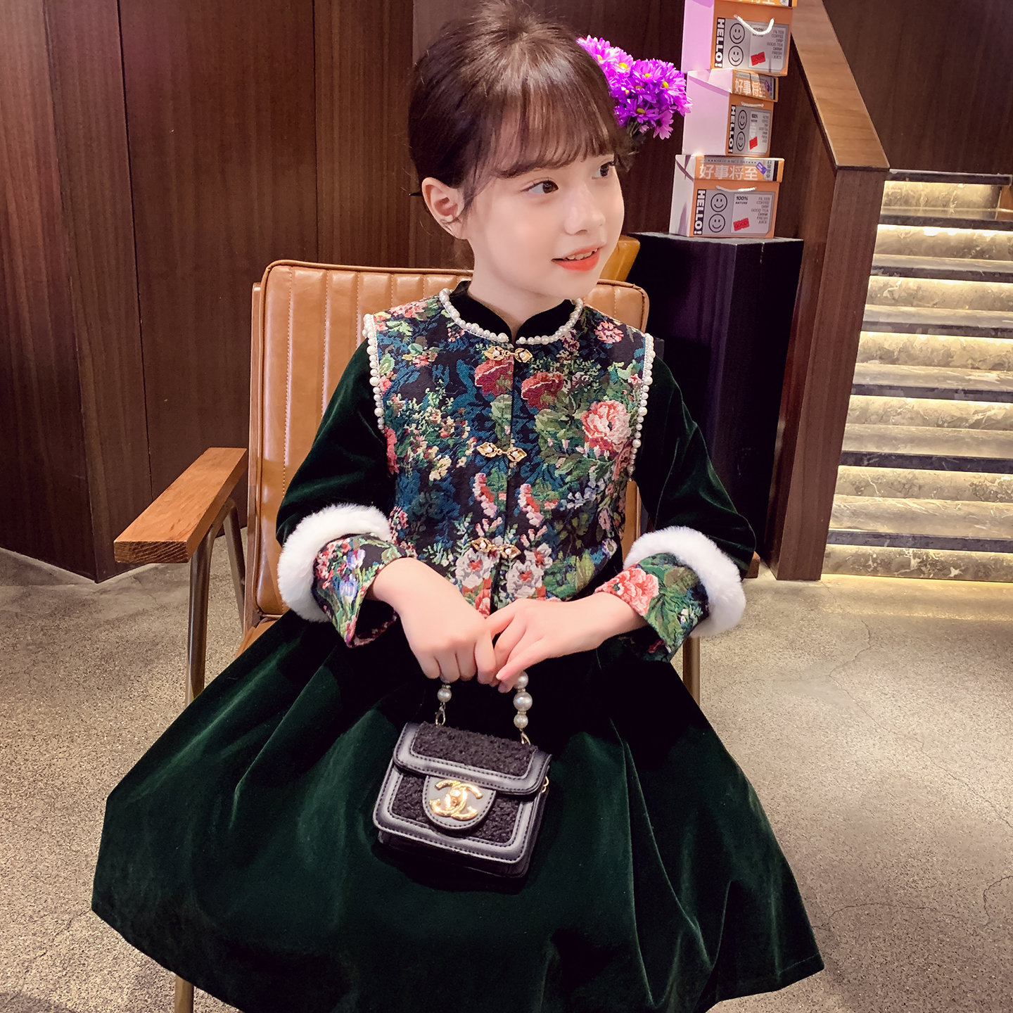 女童中国风加绒连衣裙冬2023新款