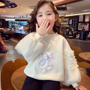 女童加绒卫衣冬装2025新款儿童韩版立体卡通网纱袖一体绒长袖上衣