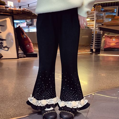 女童烫钻花朵加绒喇叭裤