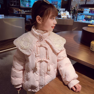 女童羽绒服外套冬装2025新款儿童蕾丝领外套女孩90白鸭绒女宝衣服
