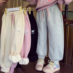 小女孩运动裤 女童加绒休闲裤 儿童百搭一体绒束脚卫裤 2025新款 冬装