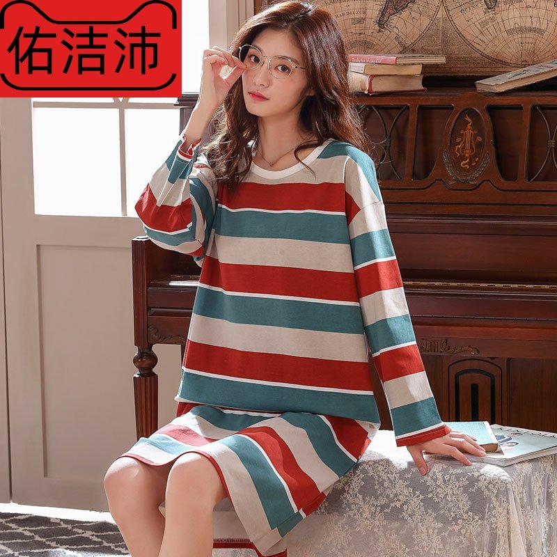 春秋女士纯棉时尚长袖中款睡衣连体裙春秋宽松加大加肥孕妇家居服