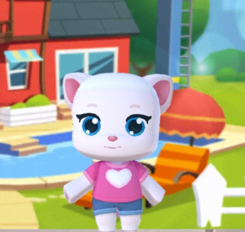 迷你世界会说话安吉拉 粉色爱心T恤搭配蓝色短裤蓝色大眼睛萌萌哒