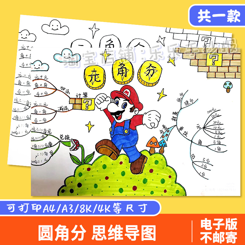 一二年级认识人民币元角分钱币手抄报数学小报黑白线稿思维导图a4