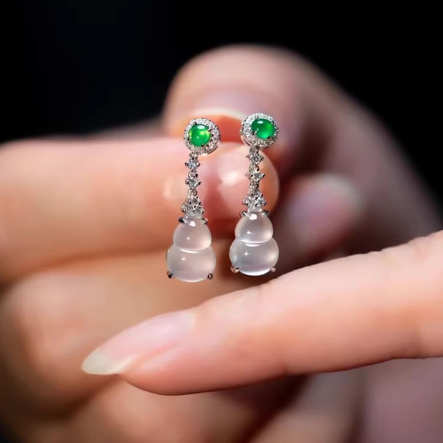 冰透翡翠玉髓玉葫芦耳环S925纯银精致福禄双全排钻镶嵌小众耳钉
