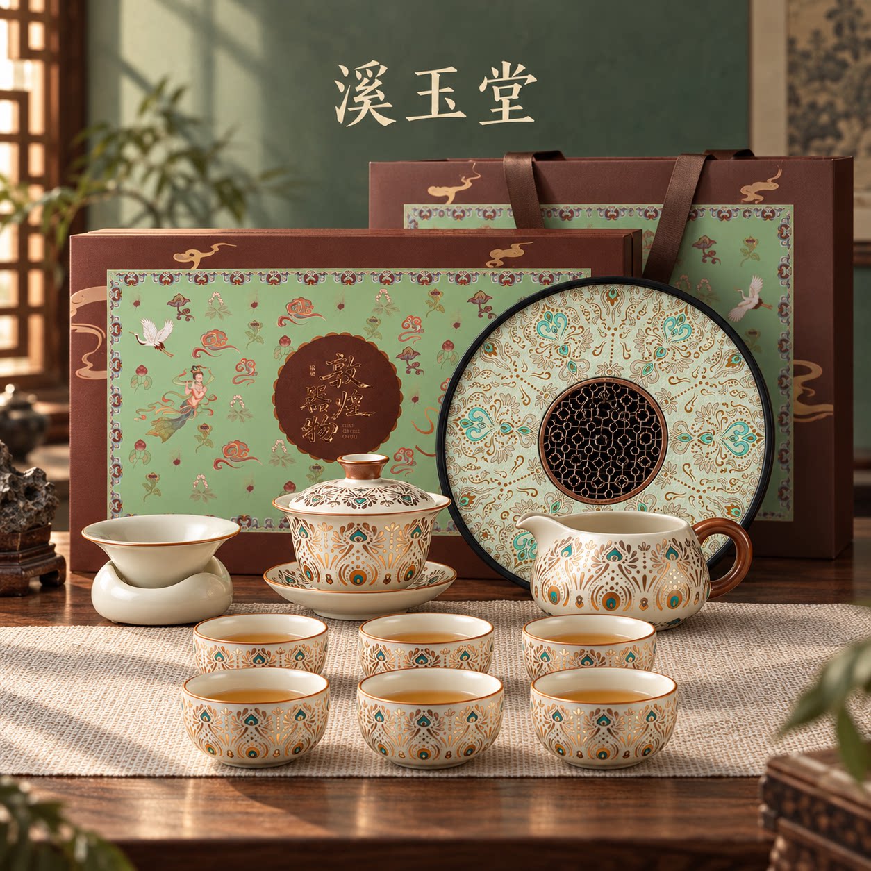 敦煌汝窑功夫茶具套装家用泡茶专用陶瓷茶杯茶壶高档礼盒装送长辈