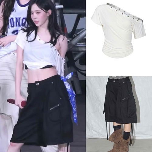 winter同款不对称露肩孔眼短袖女