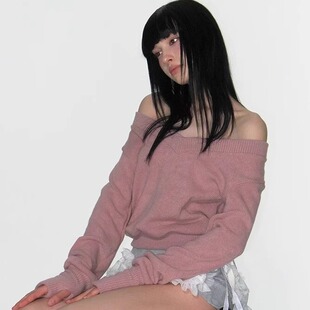 2025秋冬新款crank设计感露肩V领毛衣女宽松慵懒风针织衫上衣外套