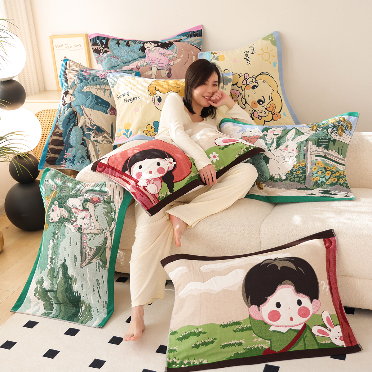 八层加厚柔软纯棉纱布枕巾一对装