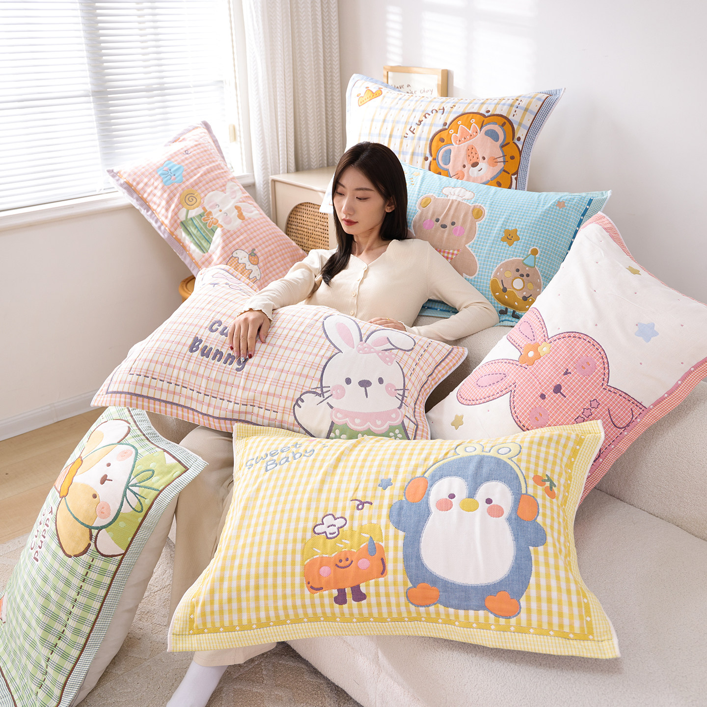 纯棉纱布枕巾一对全棉卡通家用