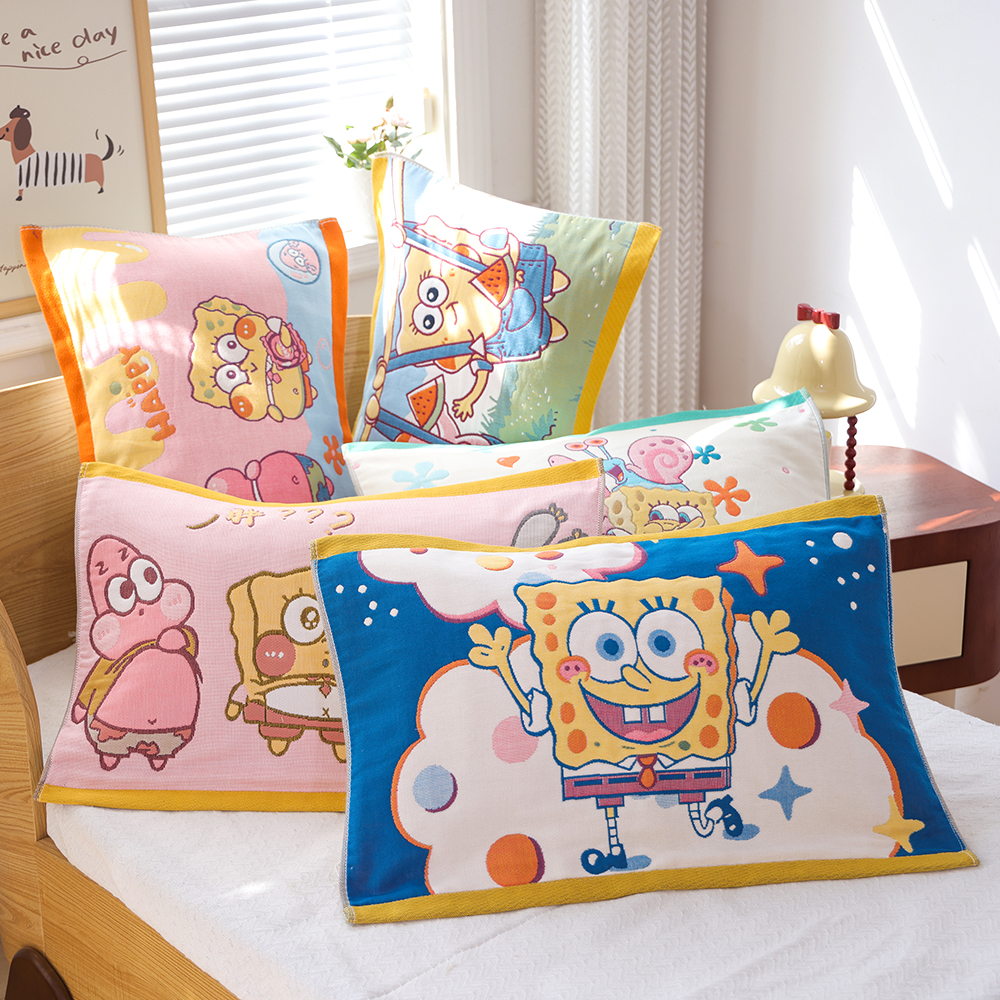 海绵宝宝纯棉纱布儿童枕巾新款