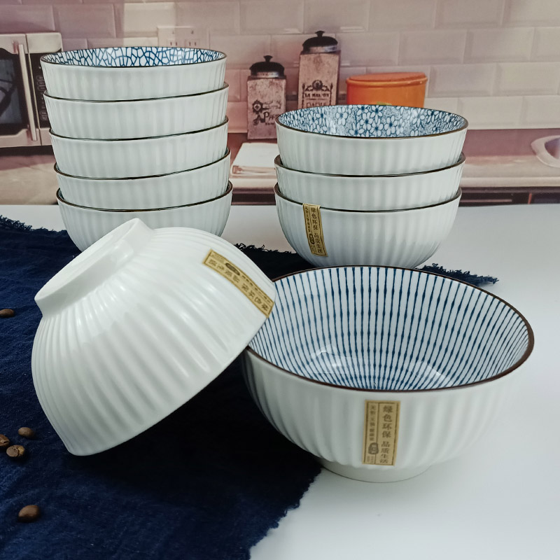日式风陶瓷吃饭碗10个装釉下彩