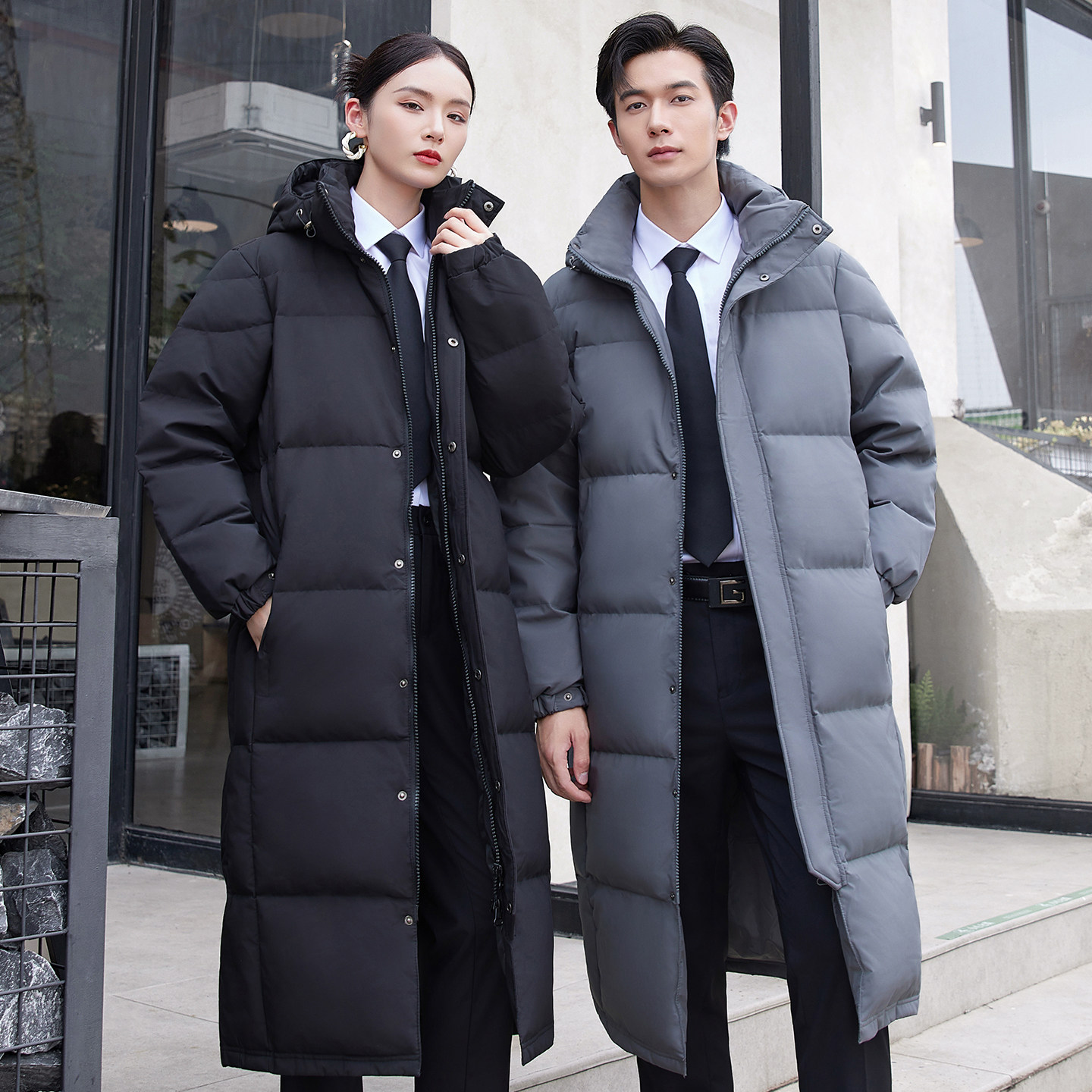 白鸭绒长版羽绒服上班服男女物业银行保暖冬季外套工作服定制logo
