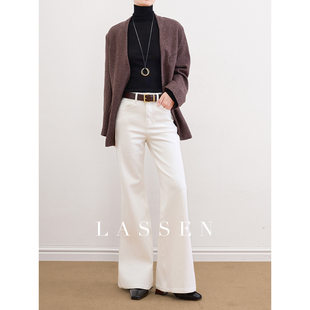 LASSEN「超模裤」白色微喇牛仔裤女春新款高腰修身直筒显瘦喇叭裤