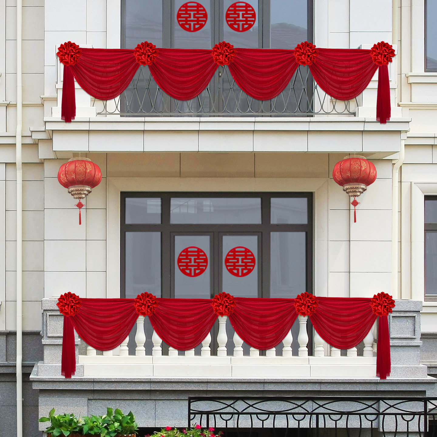 大红花球结婚栏杆装饰绸布婚房布置婚礼农村院子别墅阳台楼梯拉花
