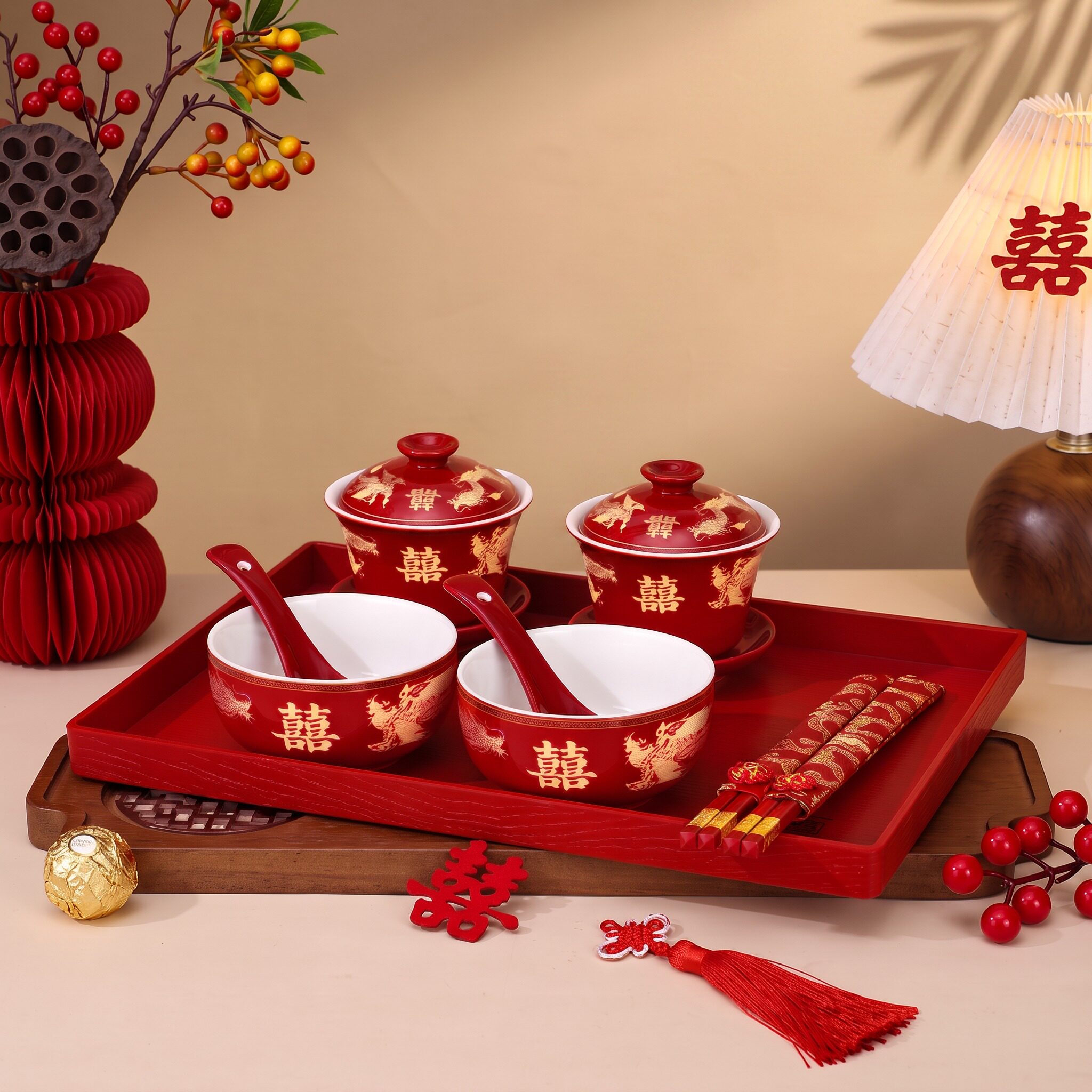 改口敬茶杯结婚陪嫁红色喜碗筷图片