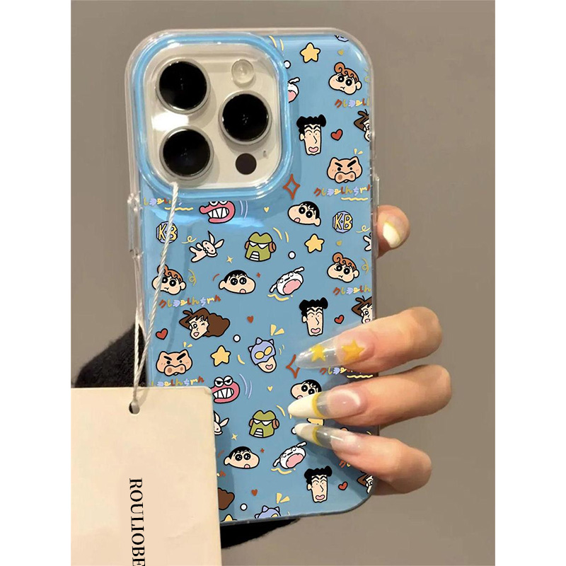 蓝底满屏蜡笔小新适用iphone16promax可爱手机壳苹果15/13/14华为mate70大孔vivo小米15oppo红米K80女荣耀300