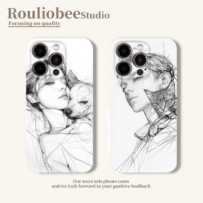 情侣素描男女菲林新款适用苹果16pro手机壳iphone15max小米14华为mate60p70荣耀x200K50note12nova13vivoS17