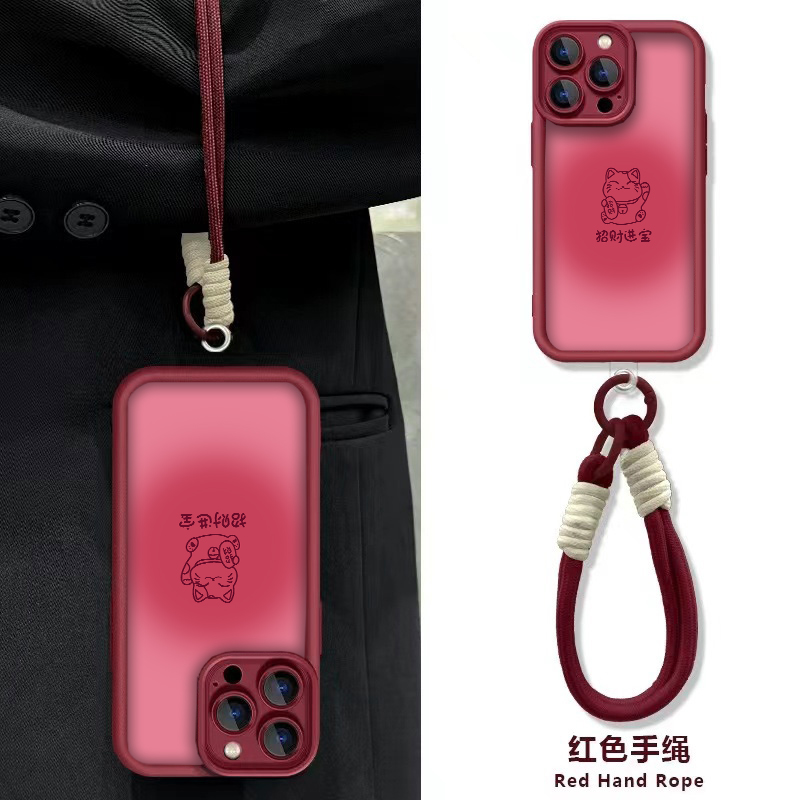 适用苹果15promax新年手机壳16pro招财猫挂绳16红色15本命年14硅胶13女款plus防摔max过龙年iphone16promax套