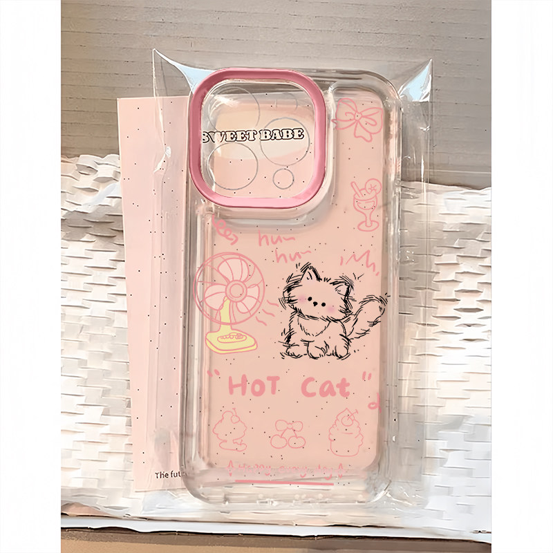 吹风扇线条小猫适用苹果16promax手机壳iPhone14pro卡通华为mate70荣耀300Reno13小米15女vivox200s19软套k80
