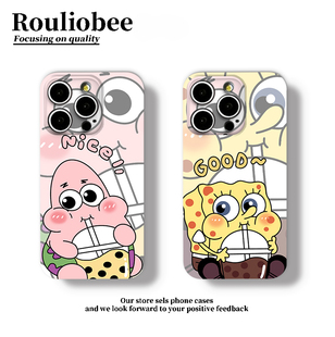 喝奶茶派大星海绵宝宝适用苹果16promax手机壳iphone15新款14pro情侣13菲林硬壳华为P70荣耀vivox200小米OPPO