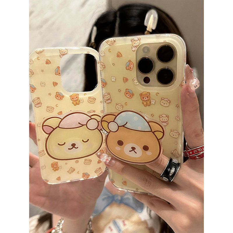 睡帽轻松熊适用苹果17promax手机壳iPhone16带支架vivos30可爱oppofindx8小米15红米Note14华为Pura80荣耀400