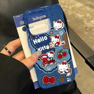 牛仔kitty櫻桃適用蘋果15promax手機殼iphone14pro新款 16promax可愛卡通13小眾12保護套防摔11硅膠插畫凱蒂貓