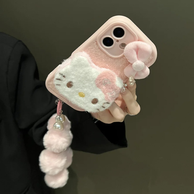 可爱毛绒茸蝴蝶结KT猫带挂绳适用苹果15手机壳iPhone16ProMax新款15pro防摔13女小众12秋冬14pro全包手提软壳