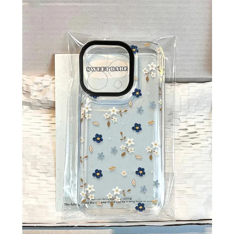 满屏蓝白碎花适用iphone16promax手机壳苹果13透明14华为mate70pro韩系女vivox200小米15防摔oppo软套红米k80