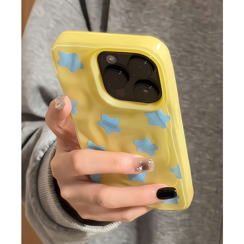 韩风个性小众蓝格纹星星适用苹果16promax手机壳iPhone15女新款14褶皱纹16高级感13时尚16Pro防摔15pro保护套