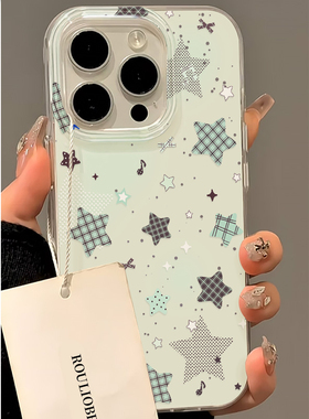 韩系ins薄荷绿格纹星星适用苹果17/16promax手机壳iphone Air小米15荣耀400华为pura70红米k8060reno14findx8