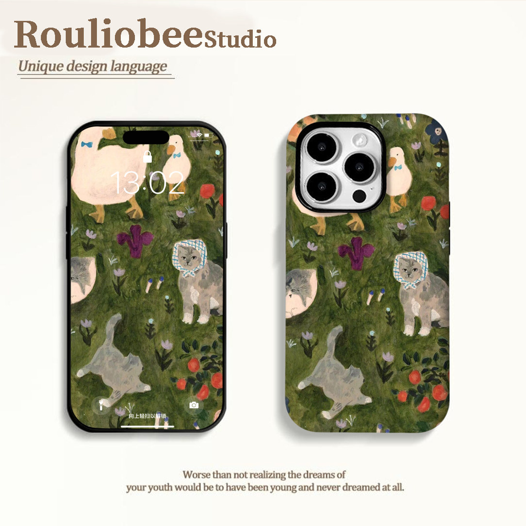 复古绿猫鸭子适用苹果16promax手机壳iPhone15/14磨砂菲林13pro高颜值oppo华为mate荣耀小米vivo二合一硅胶壳