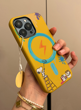 刷漆史努比适用苹果16promax手机壳iphone15pm姜黄色皮纹14金属框17promax高级感13男女款11秋冬全包防摔软壳