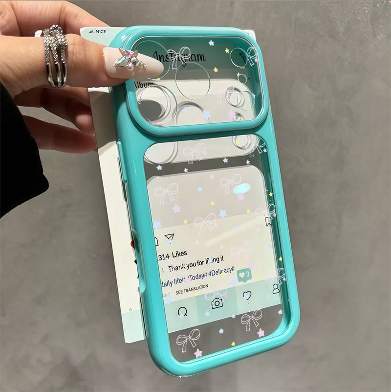 彩色蝴蝶结星星适用苹果18promax手机壳可放卡片DIY大视窗iPhone17promax拍立得16照片15新款14全包保护套13