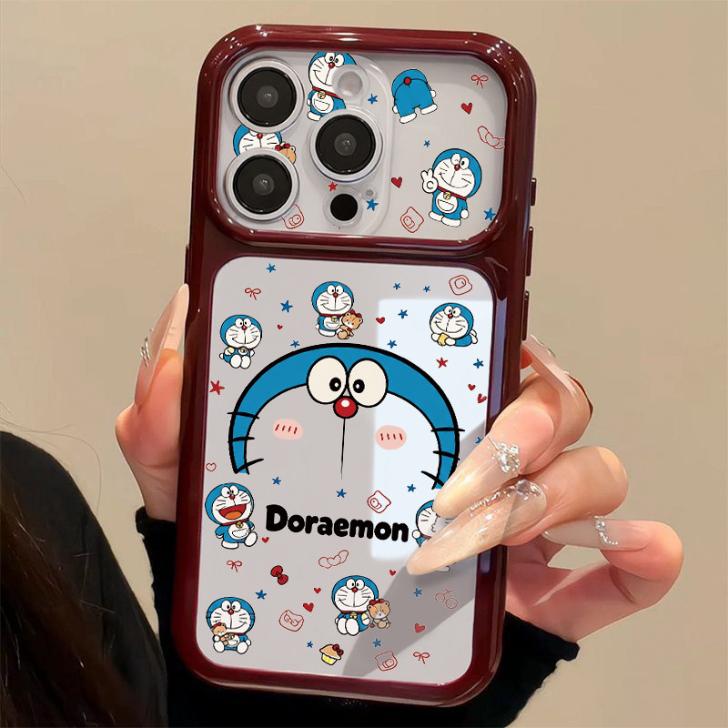 可爱机器猫适用苹果18PRO/17promax手机壳iPhone16秒变全包mate80酒红边FindX9小米18pro透明VIVO华为pura90