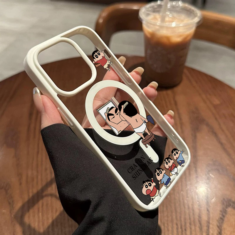 蜡笔小新照镜子适用苹果15promax手机壳搞怪趣味iphone16无线磁吸充电14网红13小众12可爱卡通11pm女情侣新品