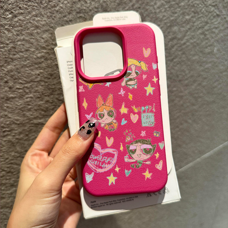 日韩卡通铅笔画女警适用苹果16promax手机壳iPhone14女新款13皮质12少女心11小众荔枝纹15Pro防摔14pro保护套