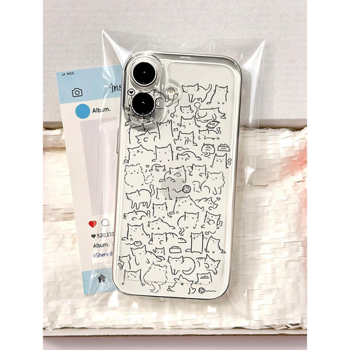 线条小猫手机壳苹果16pro华为pura80猫咪iPhone17Promax小米15简笔画vivo简约OPPO卡通13黑色12猫猫17猫x适用