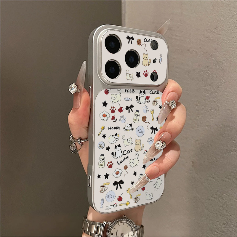 卡通满屏小猫咪适用苹果18Promax手机壳iPhone17PRO华为PuraXView/80/90电镀秒变壳Y300reno15nova16小米17pm