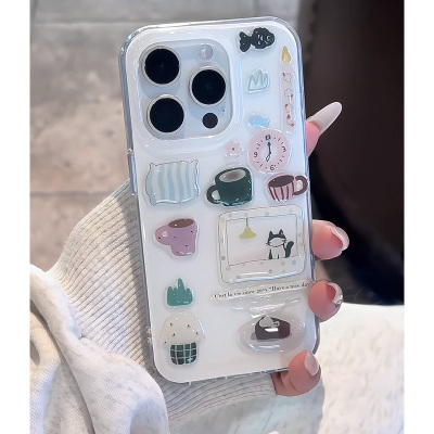 闹钟小黑猫贴纸DIY适用苹果iPhone16ProMAX手机壳华为Mate60pura70NOVA13荣耀300小米15OPPO12大孔白色VIVO套