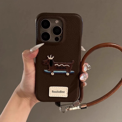 华为pura70适用苹果16promax手机壳iphone15pro皮纹14pro手提绳13简约12磨砂11高级ins防摔皇冠刺绣狗保护套