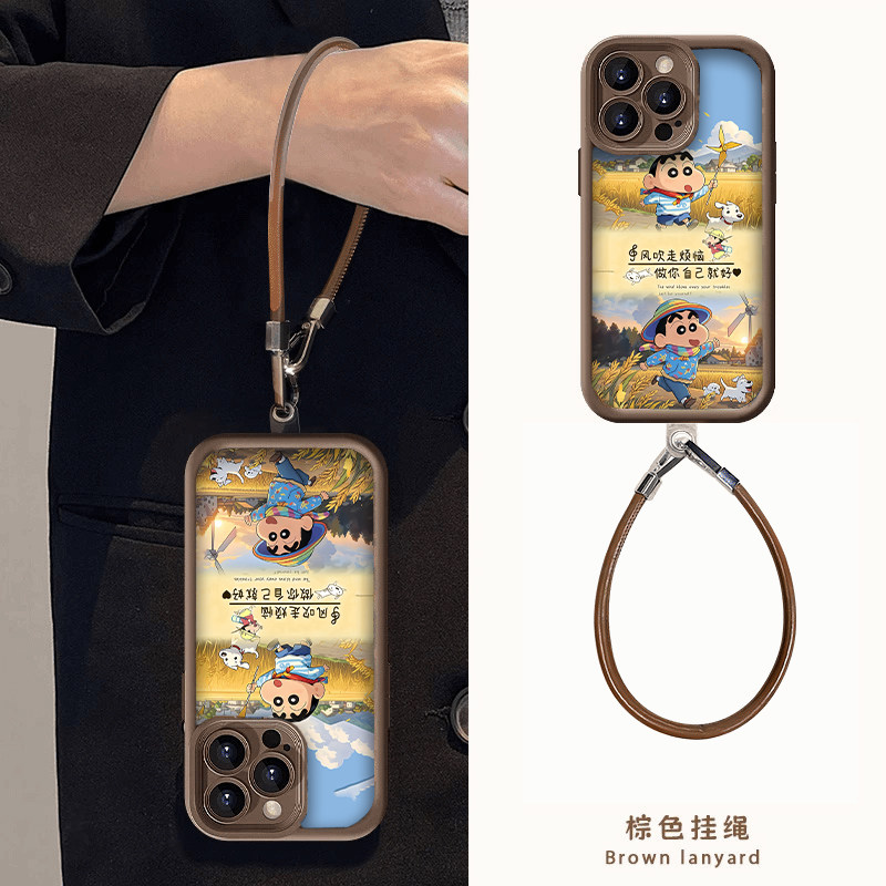 秋冬咖色风吹走烦恼小新适用苹果16promax手机壳新款iphone15pro保护套带挂绳14pro全包防摔13创意12可爱卡通