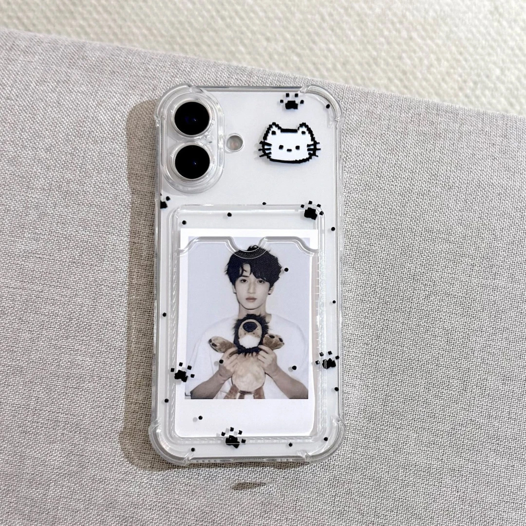 卡通像素猫卡包17Air适用苹果16promax手机壳iphone15新款14promax情侣13透明DIY可放拍立得照片12防摔11硅胶