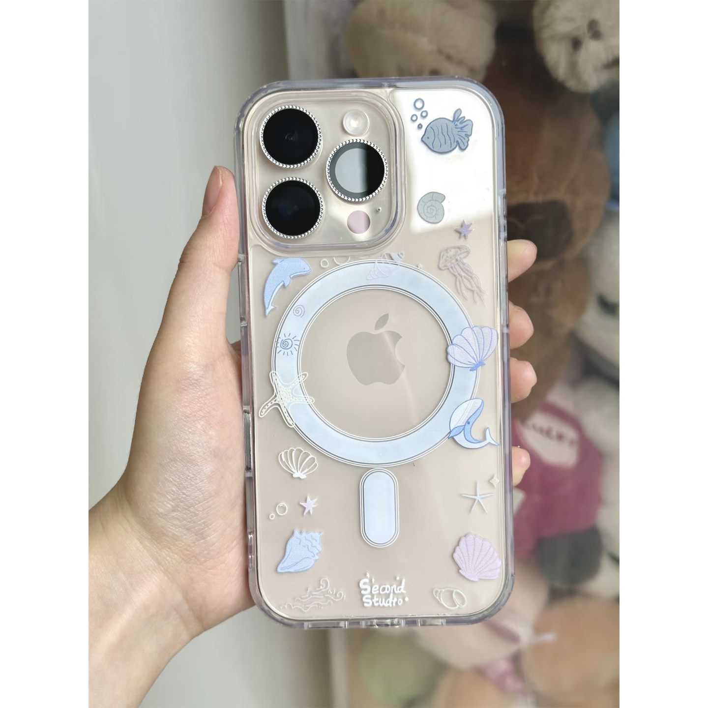 开心海豚贝壳水母透明壳适用苹果17promax手机壳iPhone16promax硅胶防摔磁吸15plus/14/13pro硬壳大孔保护套