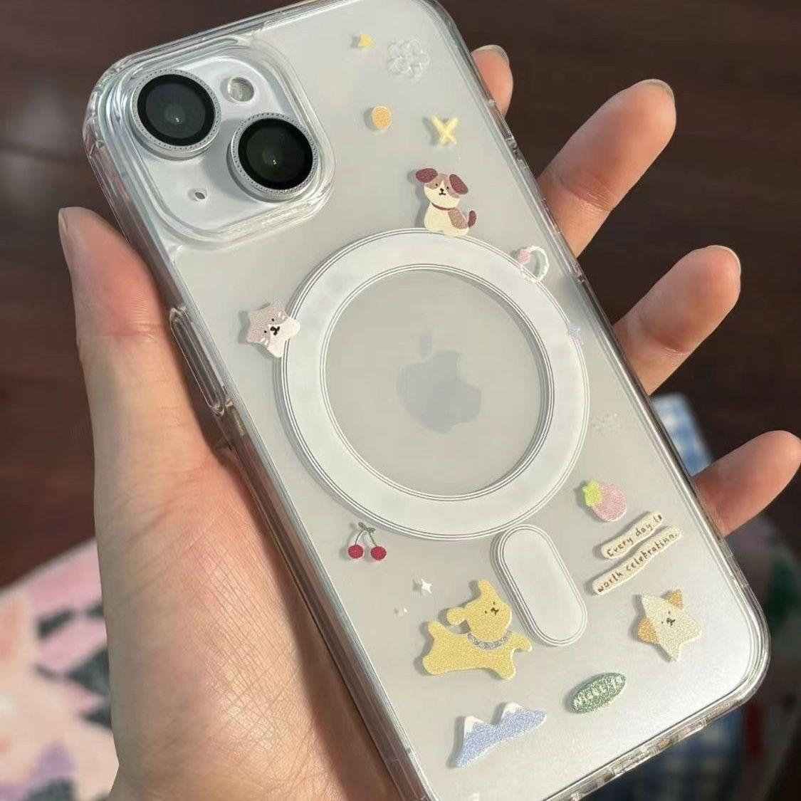 新款ins樱桃小狗适用苹果iphone16promax手机壳15防摔13高级感14pro情侣15promax磁吸亚克力背板新款16男女款