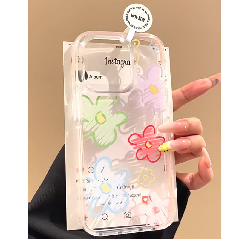 夏日ins小清新彩色涂鸦花适用iPhone16promax手机壳15新款14pro网红女款13创意全包防摔15promax大孔透明软壳