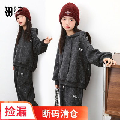 女童加绒连帽卫衣套装2025冬季新款中大儿童超好看韩版冬装两件套
